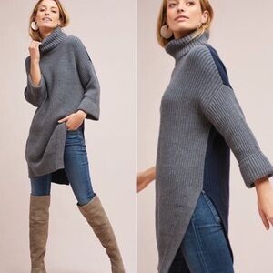 Anthropologie Moth Cuffed Sleeve Turtleneck Tunic Sweater Dress Grey Navy Small